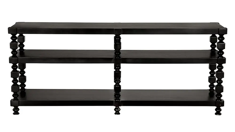 Black three-tier console table with spindle legs and open shelving design, front