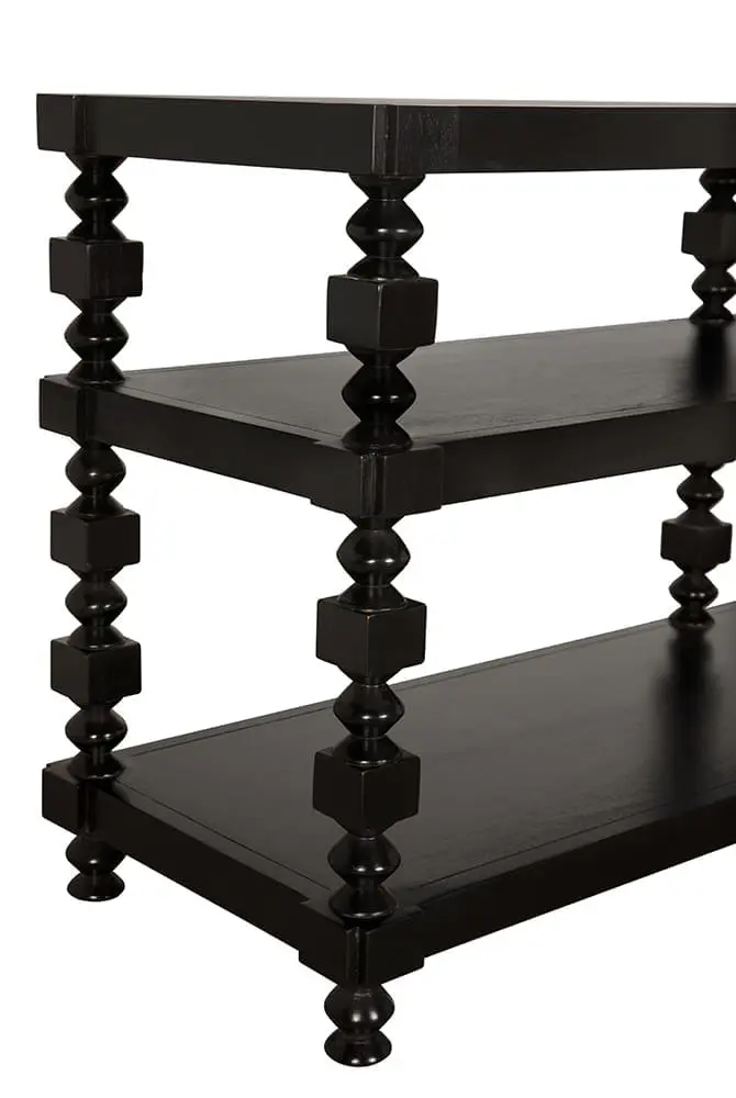 Black three-tier console table with spindle legs and open shelving design, shelf