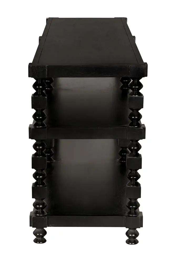 Black three-tier console table with spindle legs and open shelving design, profile