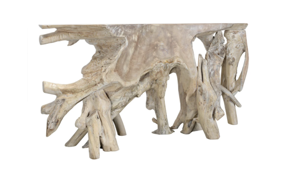 70” White wash root console table, each one is unique as it comes from nature