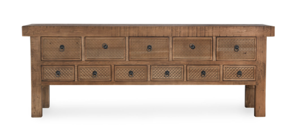 Large Console with 11 drawers with carving, natural finish, Front