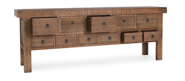 Large Console with 11 drawers with carving, natural finish, with drawers open