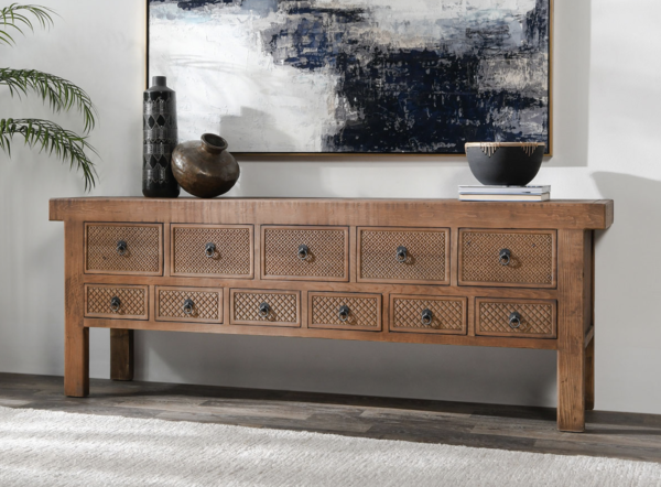 Large Console with 11 drawers with carving, natural finish, room setting