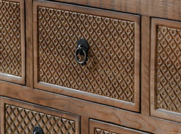 Large Console with 11 drawers with carving, natural finish, drawer detailed carving