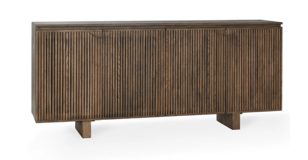 Modern looking four door sideboard in walnut finish, overview