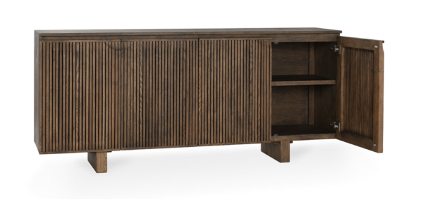 Modern looking sideboard with 4 doors, walnut finish, with door open