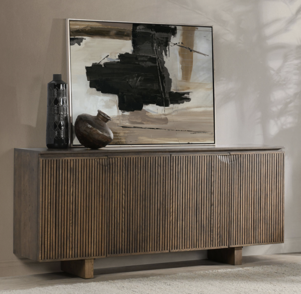 Modern looking sideboard with 4 doors, walnut finish, room setting