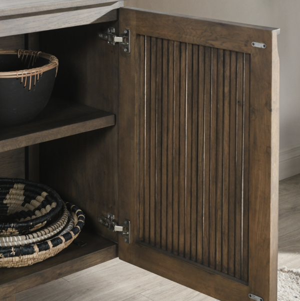 Modern looking sideboard with 4 doors, walnut finish, open door detail