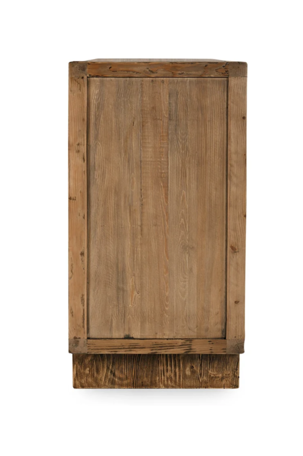 Pine wood 4 door cabinet with front weaved design, stained in medium brown color, side view