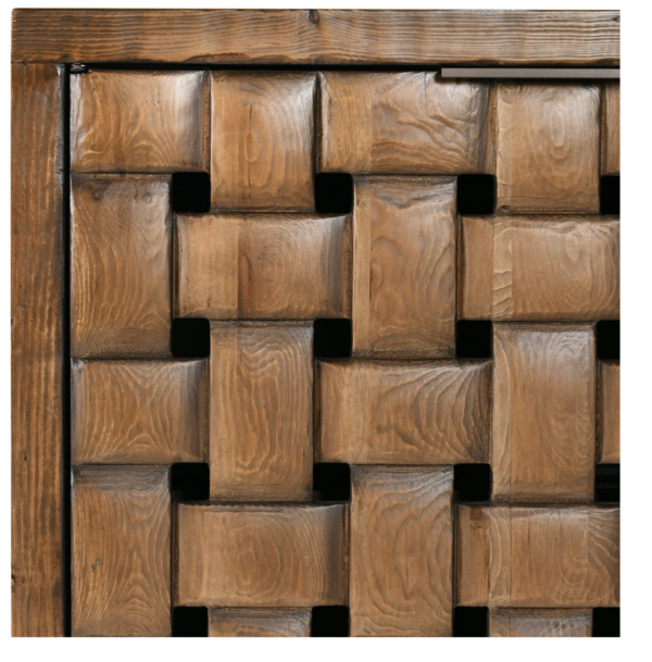 Pine wood 4 door cabinet with front weaved design, stained in medium brown color, door detail