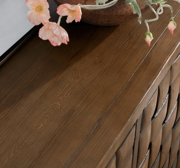 Pine wood 4 door cabinet with front weaved design, stained in medium brown color, top detail