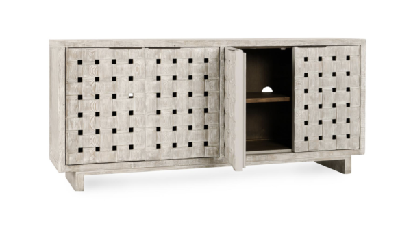 4 Door cabinet with weaved design on doors, modern rustic, open door