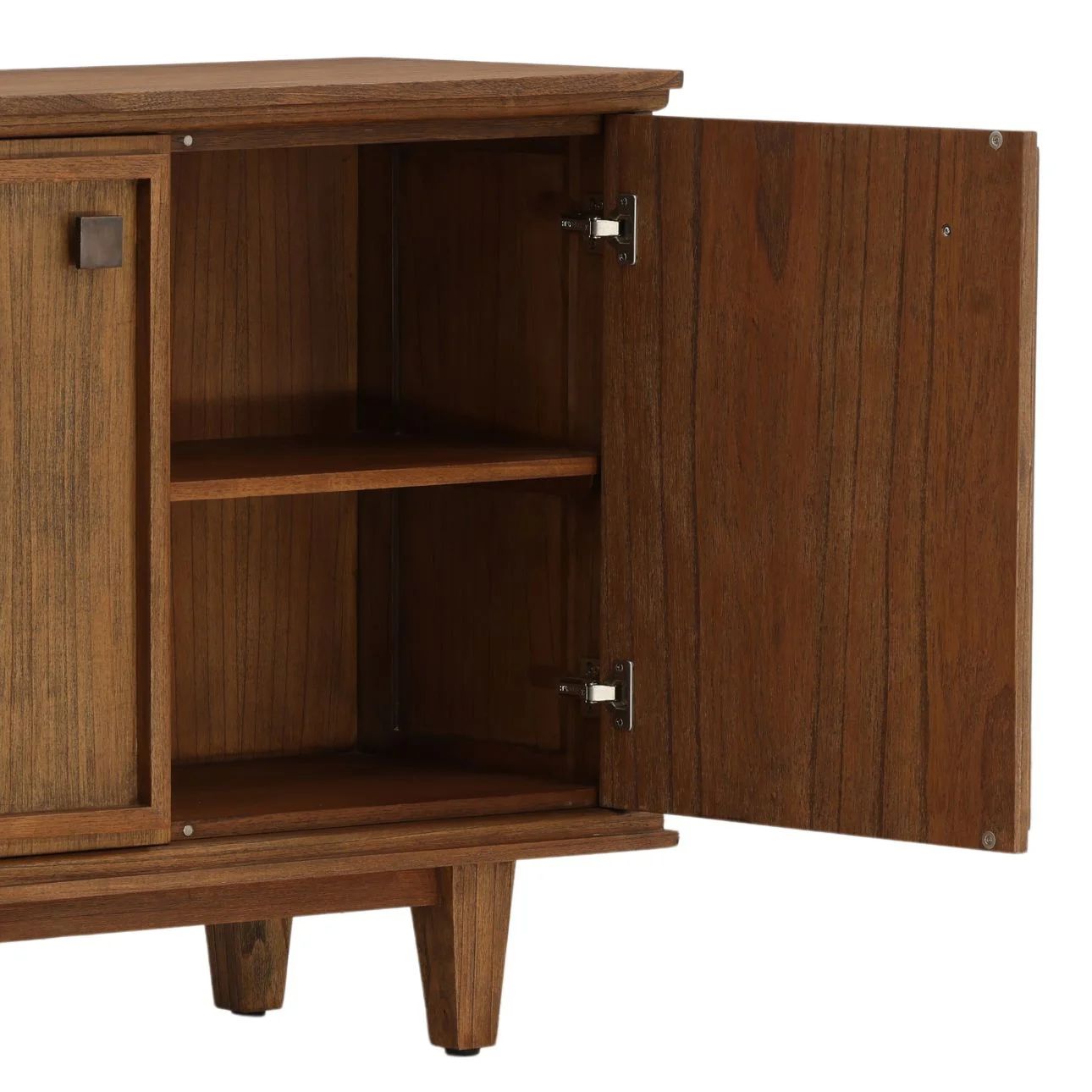 Four-door sideboard crafted from Mindi wood and veneer with a rich wood finish, clean lines, raised legs, and spacious concealed storage compartments. Detail open door