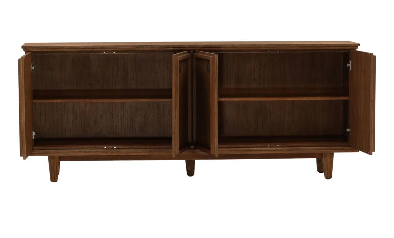 Four-door sideboard crafted from Mindi wood and veneer with a rich wood finish, clean lines, raised legs, and spacious concealed storage compartments. Open view