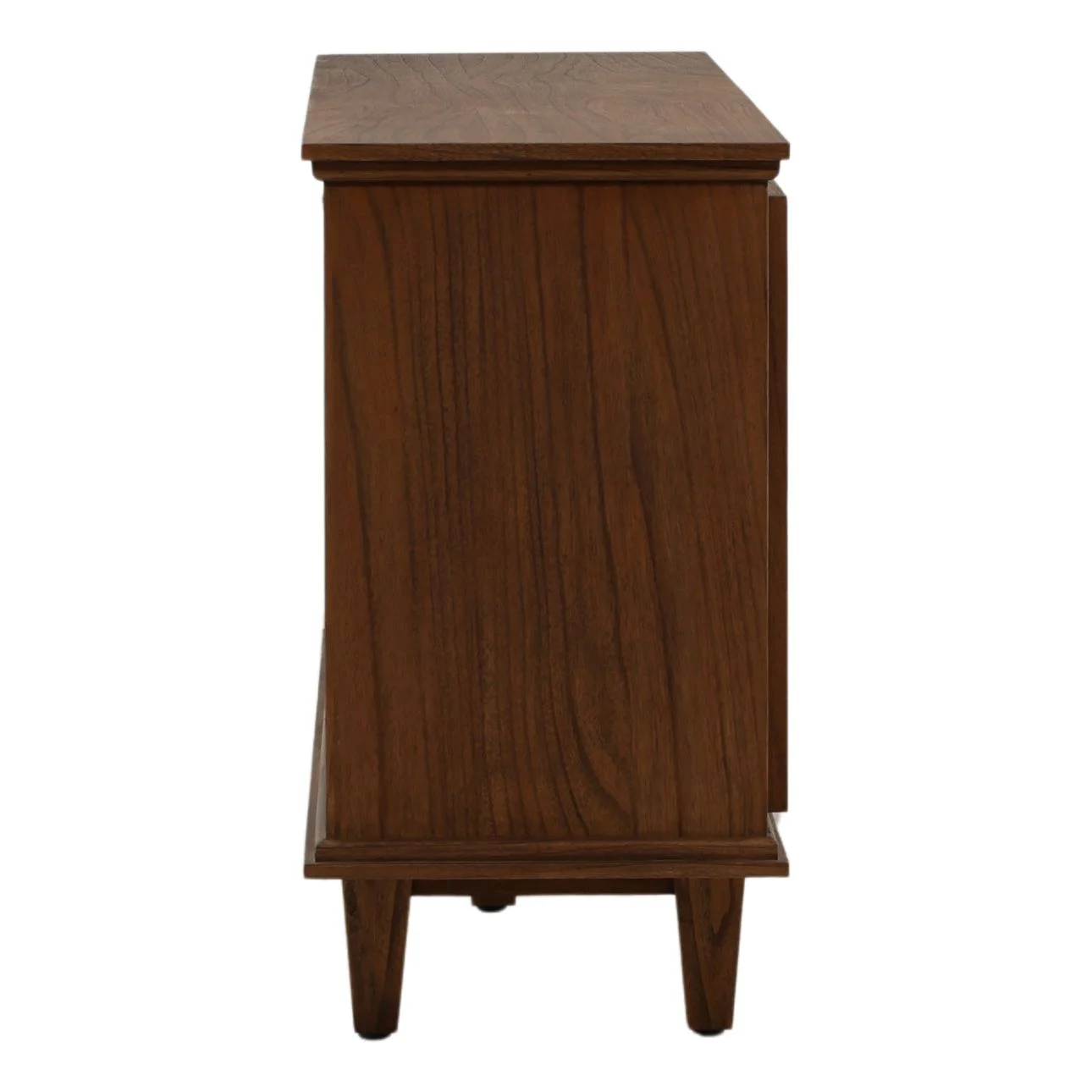 Four-door sideboard crafted from Mindi wood and veneer with a rich wood finish, clean lines, raised legs, and spacious concealed storage compartments. Profile view