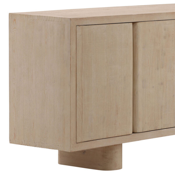 modern rustic sideboard, 6 doors, Light natural finish, with shelves,3 stump base, detail