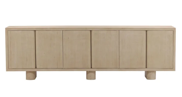 modern rustic sideboard, 6 doors, Light natural finish, with shelves,3 stump base, front