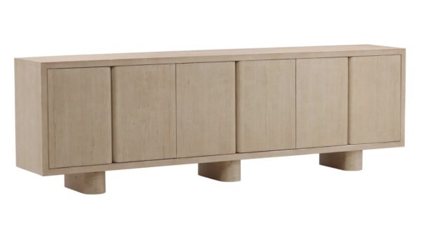 modern rustic sideboard, 6 doors, Light natural finish, with shelves,3 stump base, overview