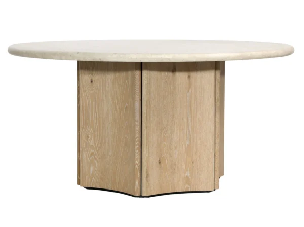 59” Diameter cream marble top dining table with light colored oak unique base, overall 2