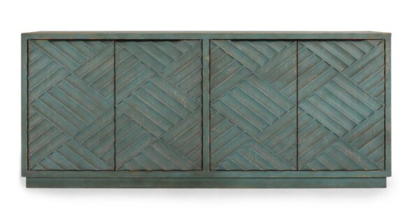 Teal color media cabinet with textured doors, interior shelves and cable holes, front