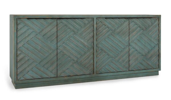 Teal color media cabinet with textured doors, interior shelves and cable holes