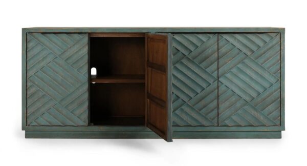 Teal color media cabinet with textured doors, interior shelves and cable holes, with open door