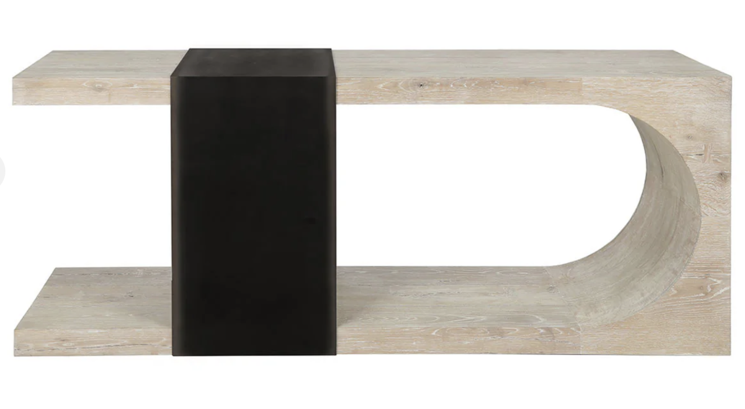 Solid oak wood console rustic in a light cream finish C shaped with wrapped metal band, side view
