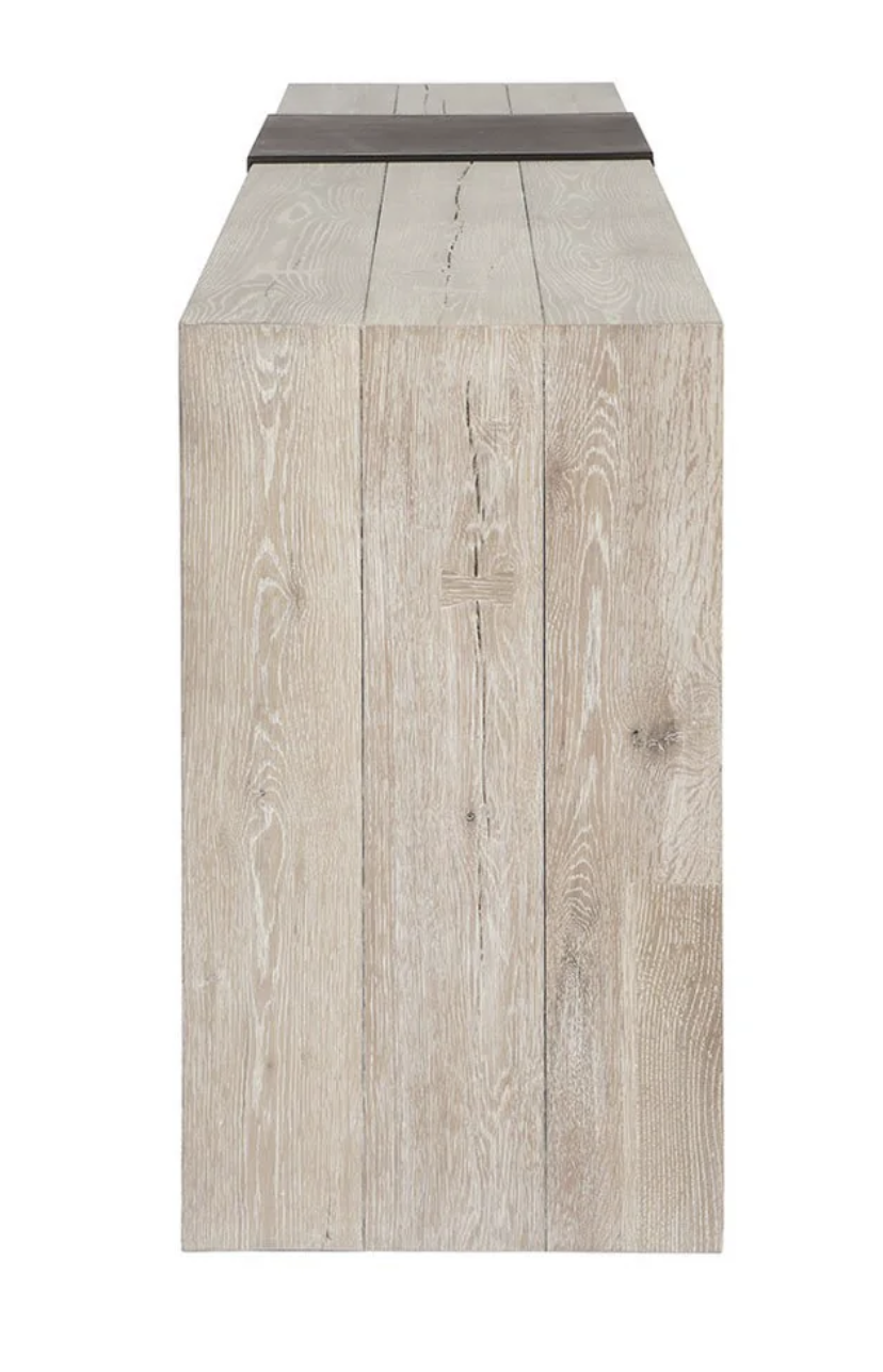 Solid oak wood console rustic in a light cream finish C shaped with wrapped metal band, profile view