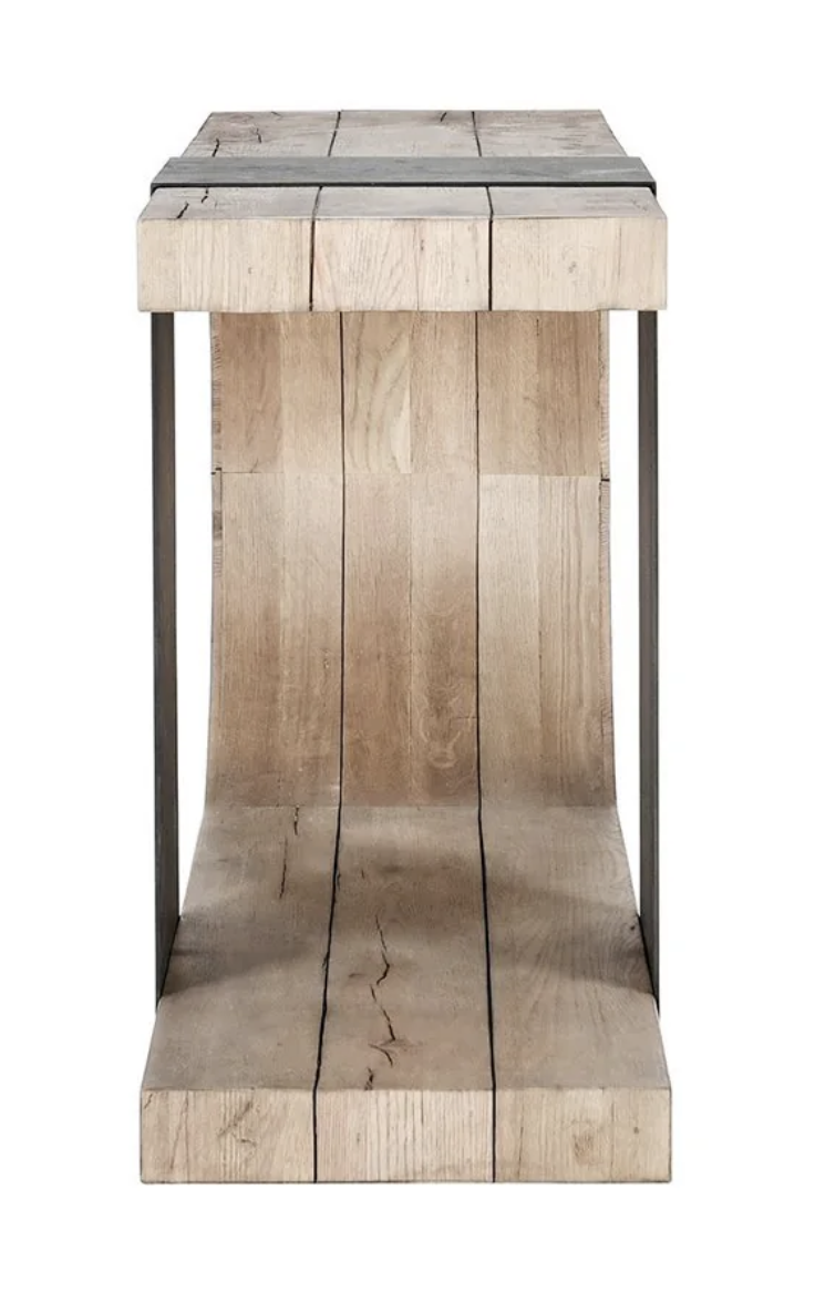 Solid oak wood console rustic in a light cream finish C shaped with wrapped metal band, profile 1 view