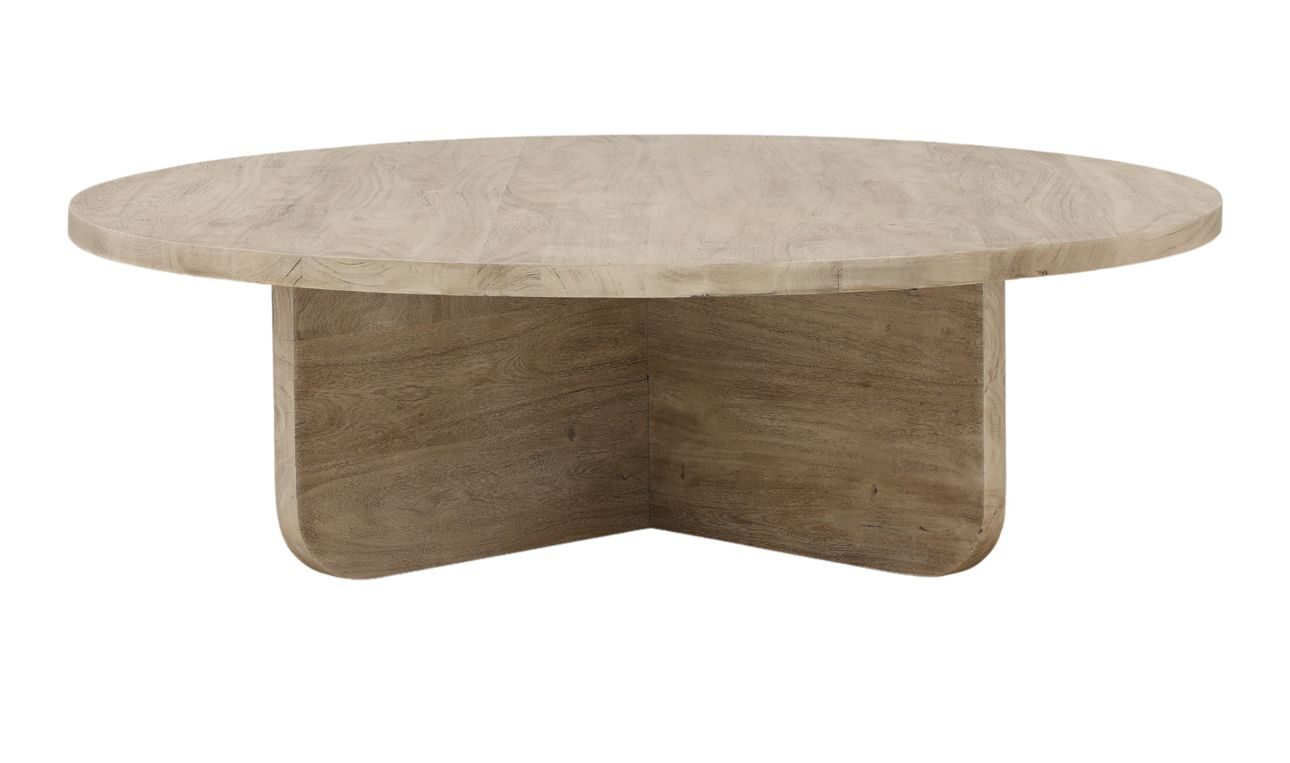 Round coffee table with natural mango wood cross base in weathered natural finish, profile view