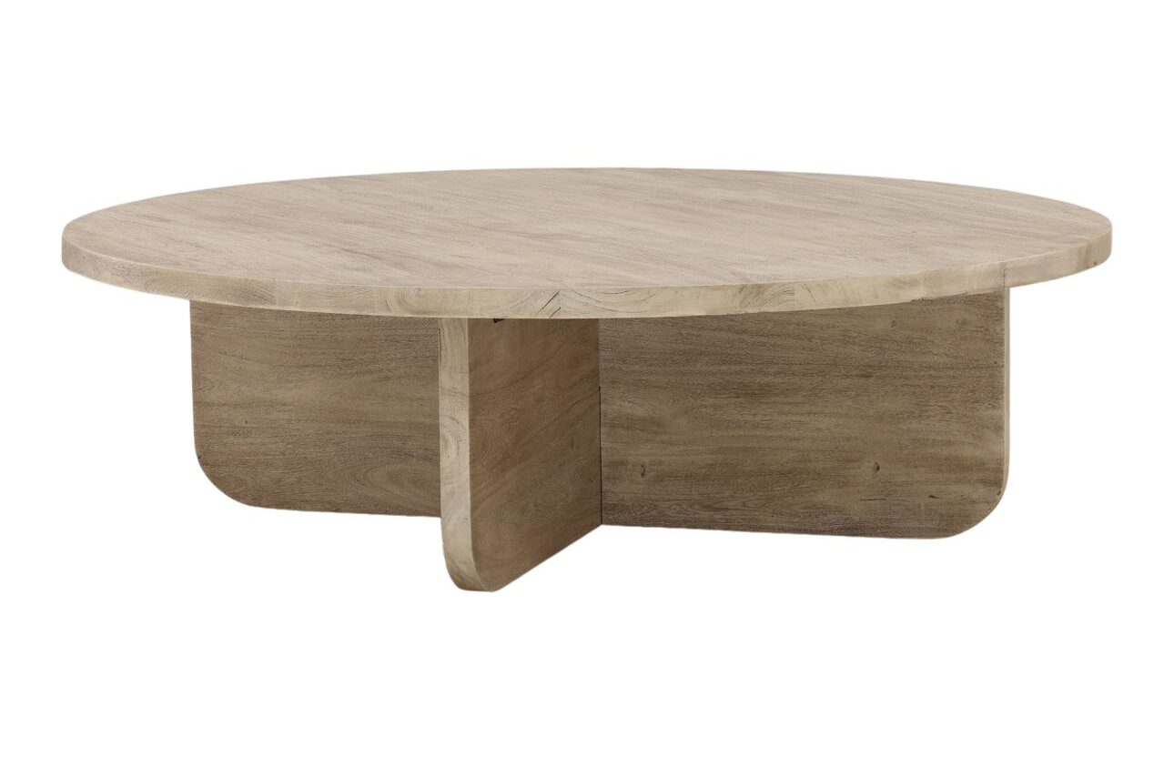Round coffee table with natural mango wood cross base in weathered natural finish, side view