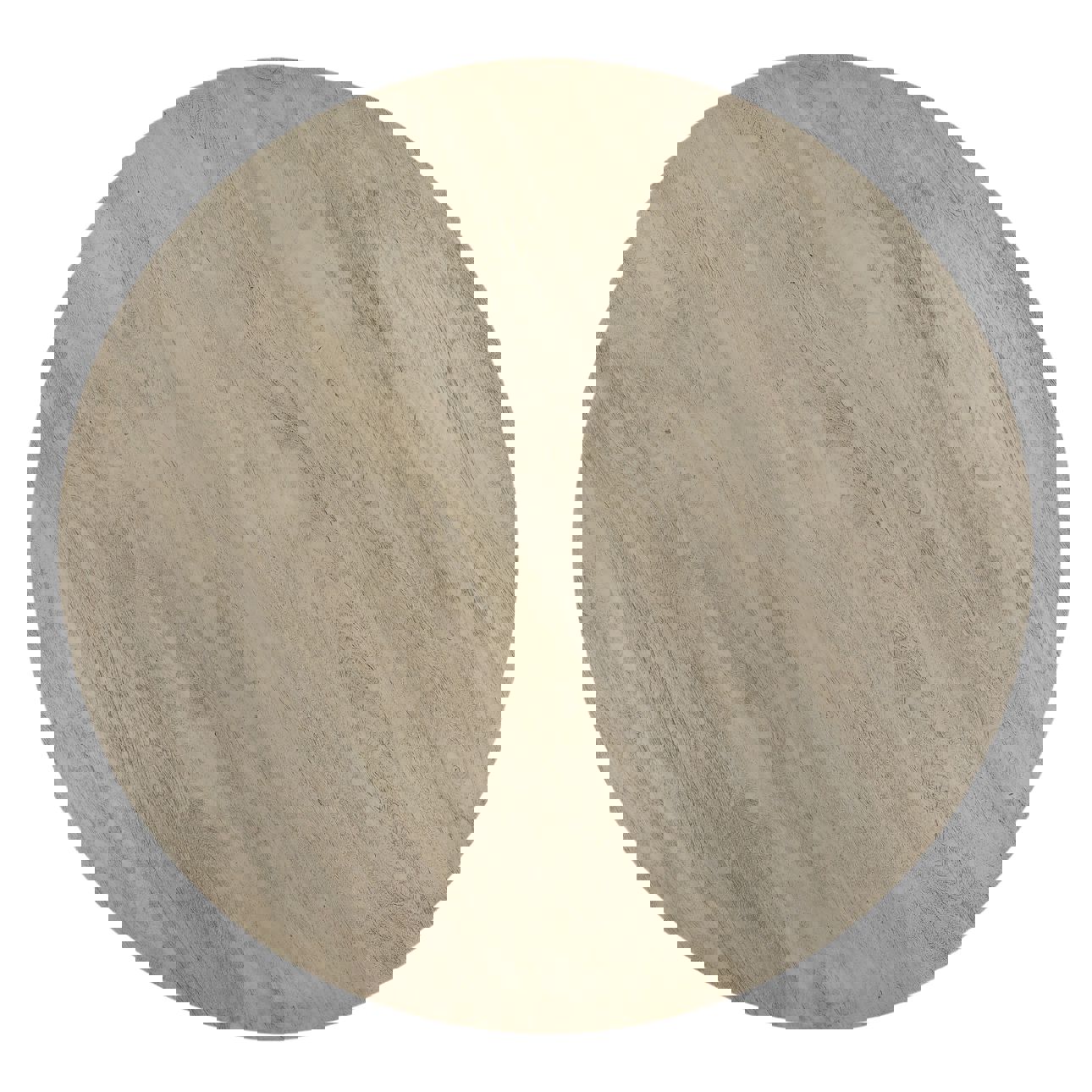 Round coffee table with natural mango wood cross base in weathered natural finish, top view