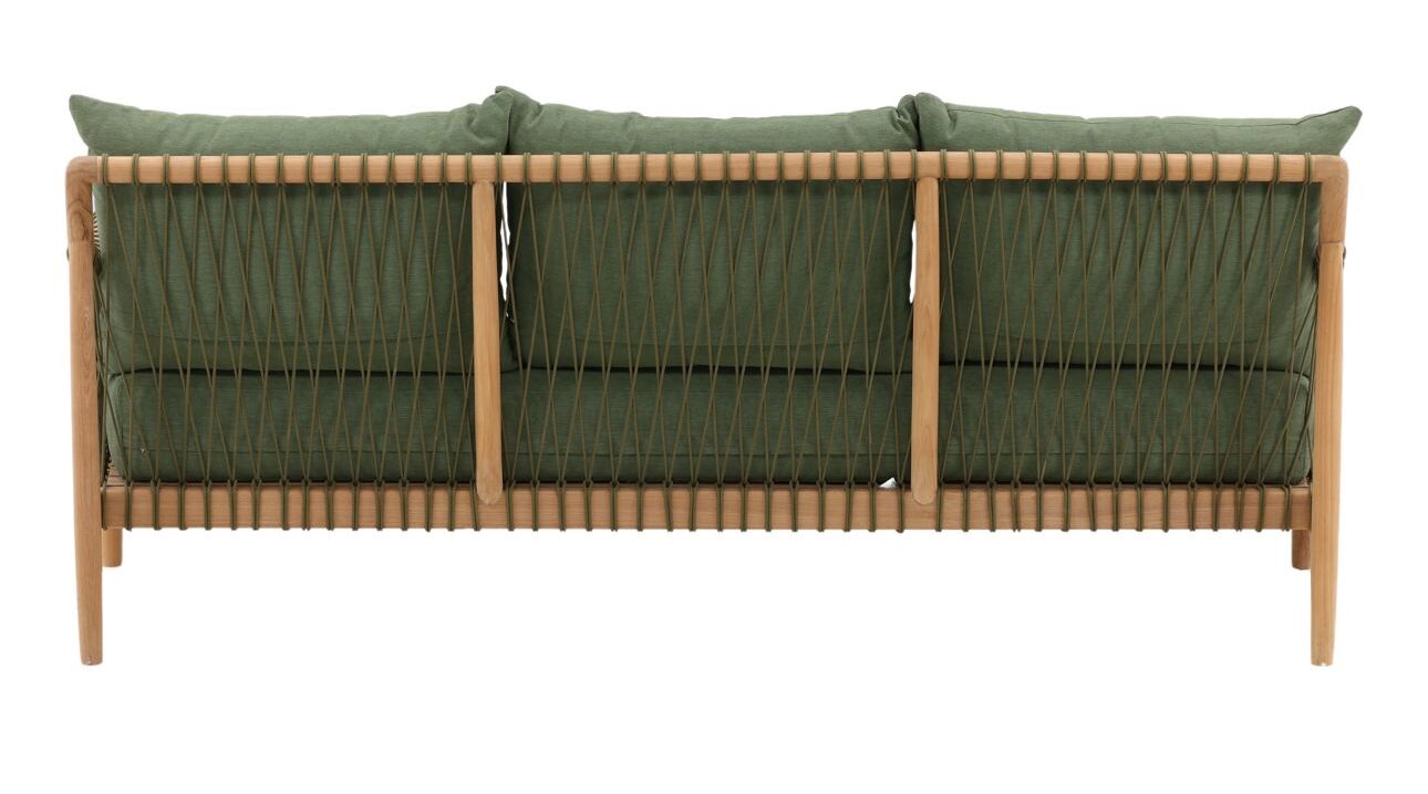 Solid teak sofa in natural wood finish with weather-resistant green cushions. Perfect for outdoor use, back view