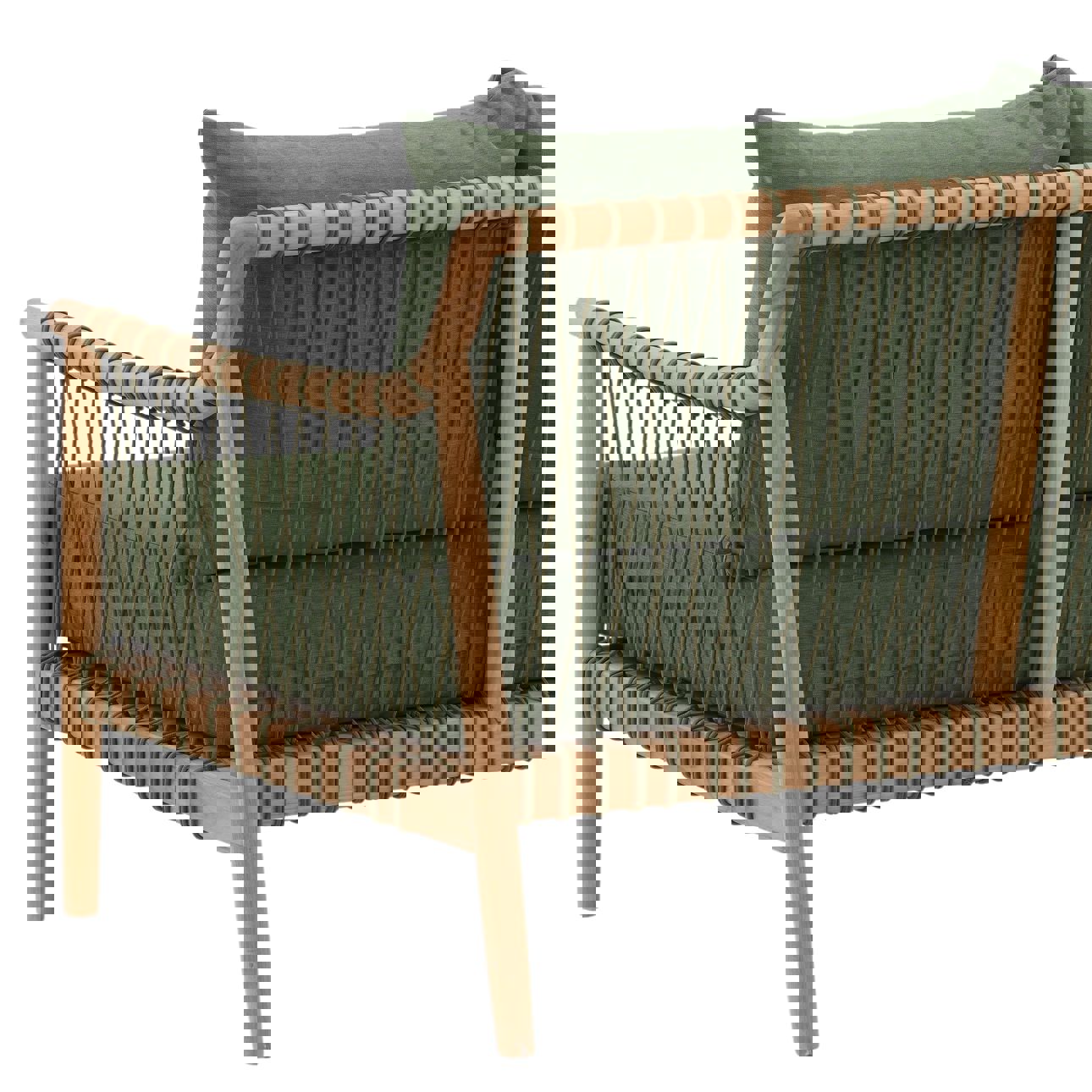 Solid teak sofa in natural wood finish with weather-resistant green cushions. Perfect for outdoor use, back detail