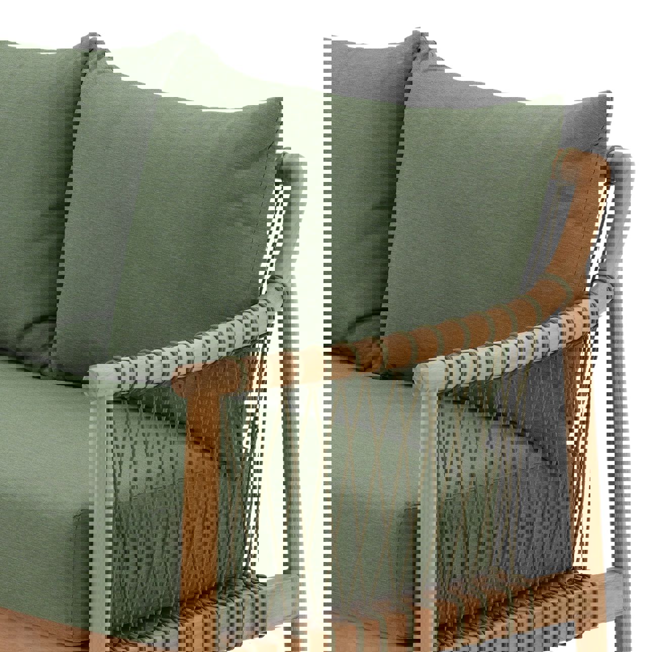 Solid teak sofa in natural wood finish with weather-resistant green cushions. Perfect for outdoor use, front detail