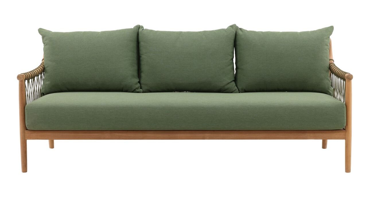 Solid teak sofa in natural wood finish with weather-resistant green cushions. Perfect for outdoor use,, front view