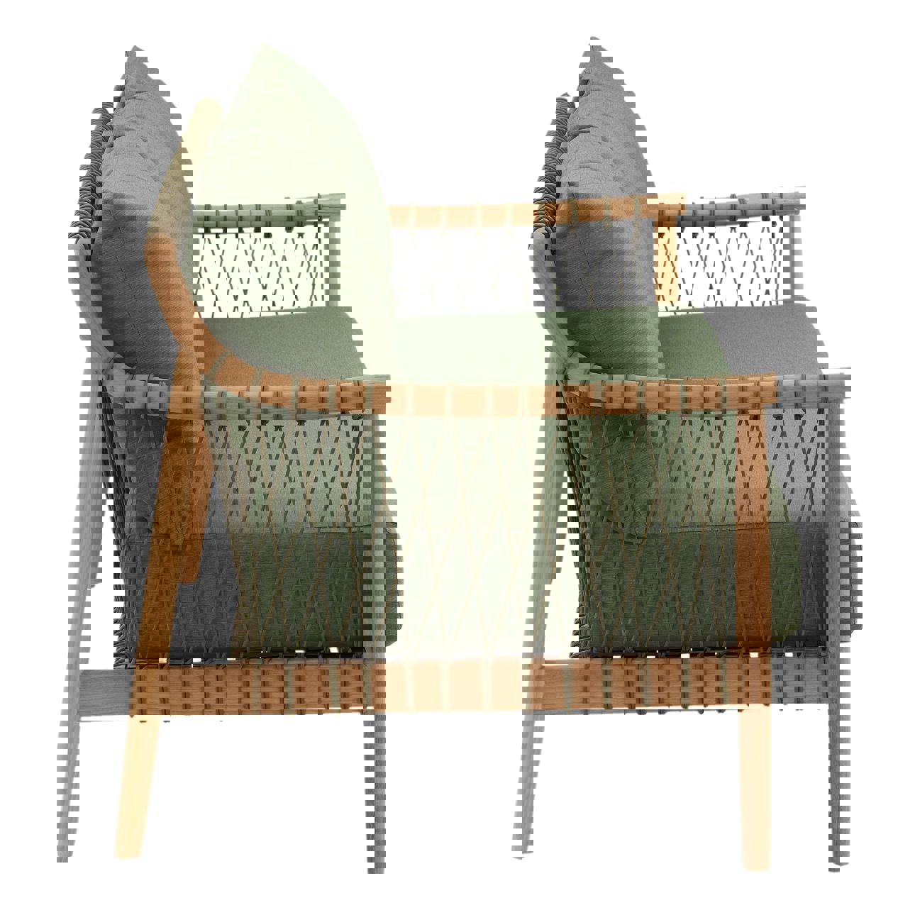 Solid teak sofa in natural wood finish with weather-resistant green cushions. Perfect for outdoor use, profile view