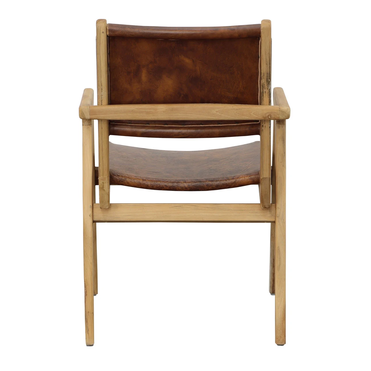 Teak dining chair in natural finish with dark brown leather, back view
