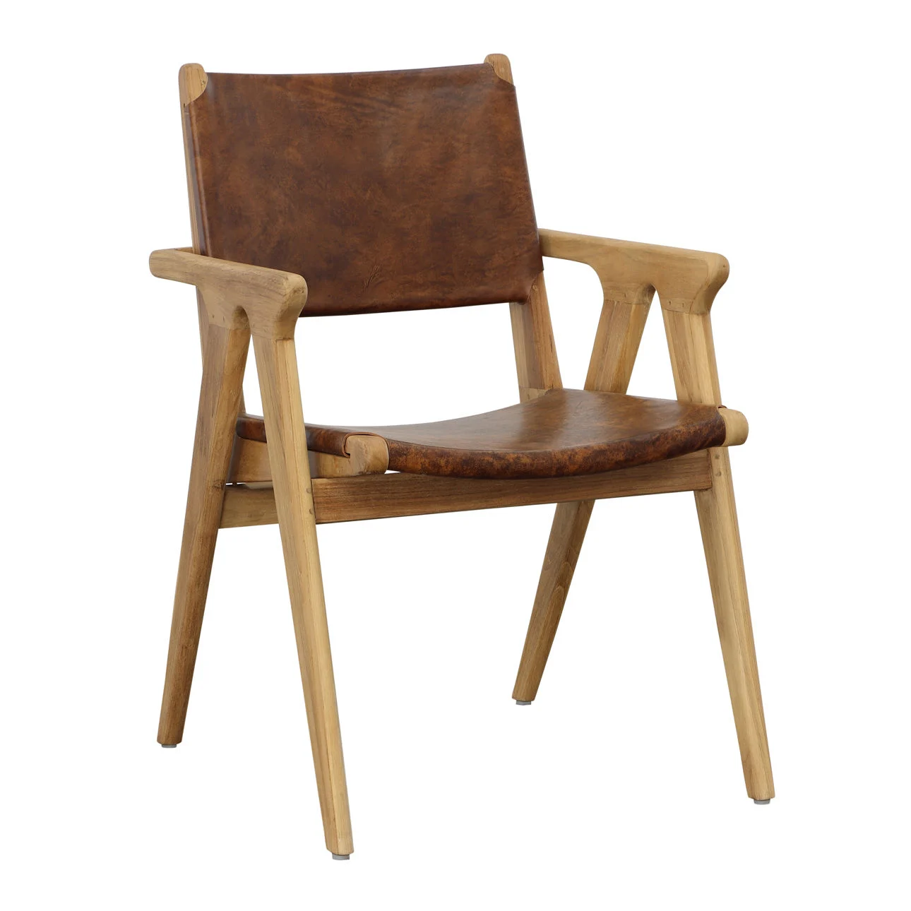 Teak dining chair in natural finish with dark brown leather, three quarter view