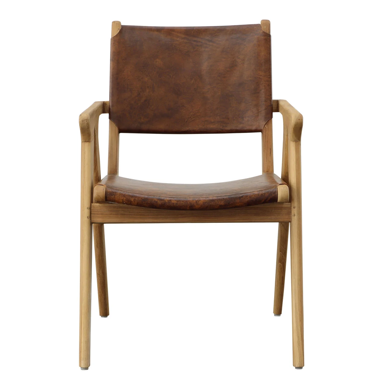 Teak dining chair in natural finish with dark brown leather, front view