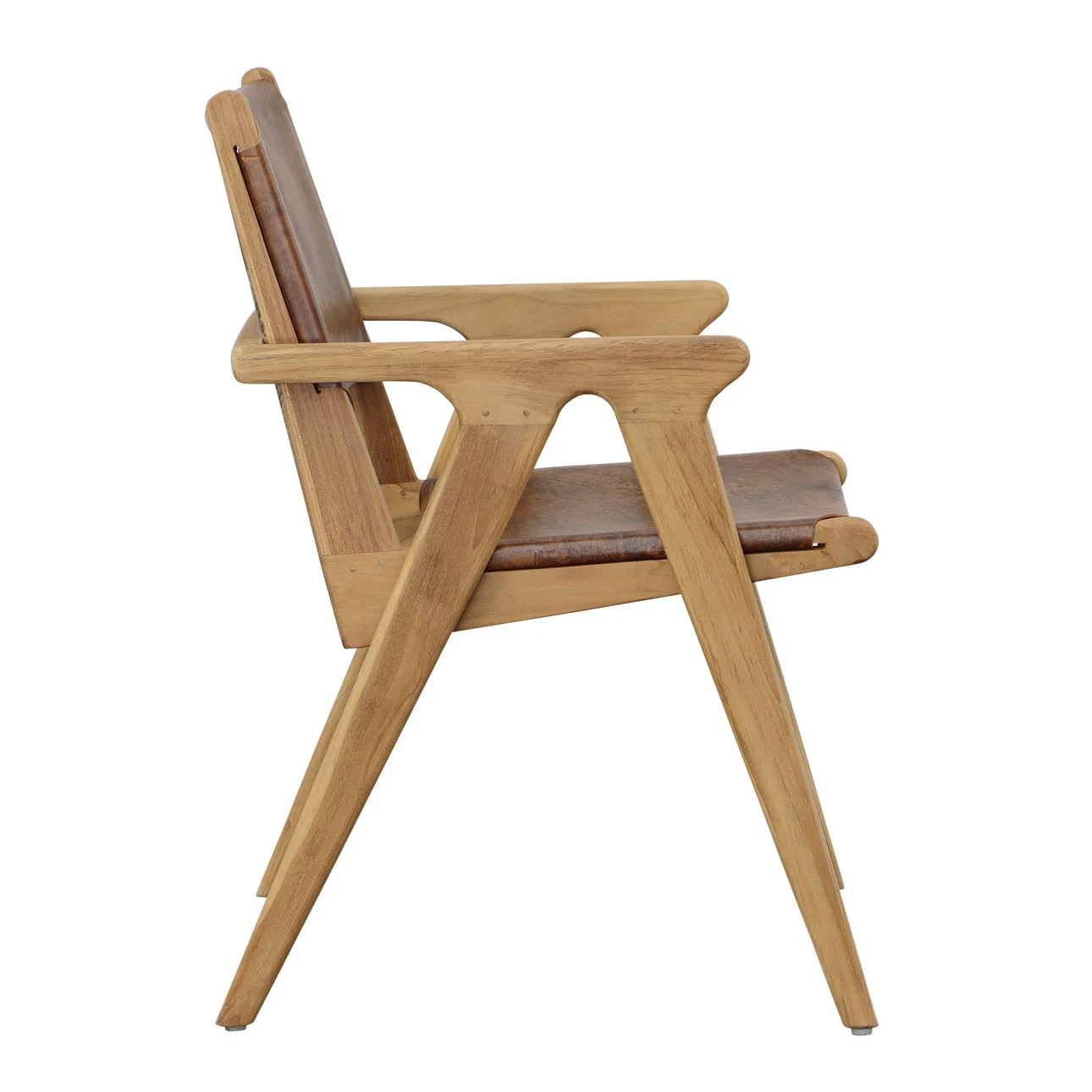Teak dining chair in natural finish with dark brown leather, profile view