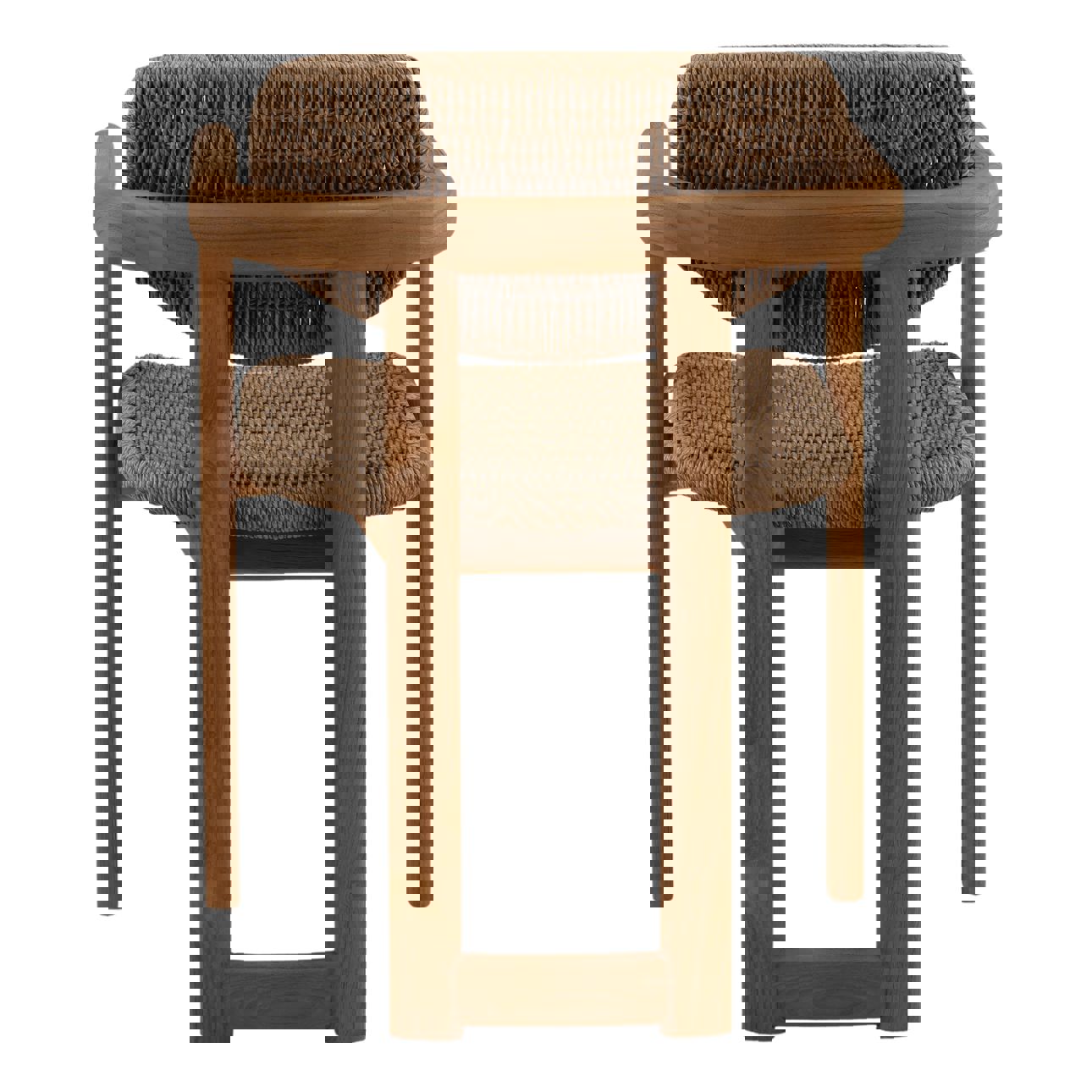 Teak dining chair in natural medium dark finish with twisted synthetic wicker dark on seat and back, back view