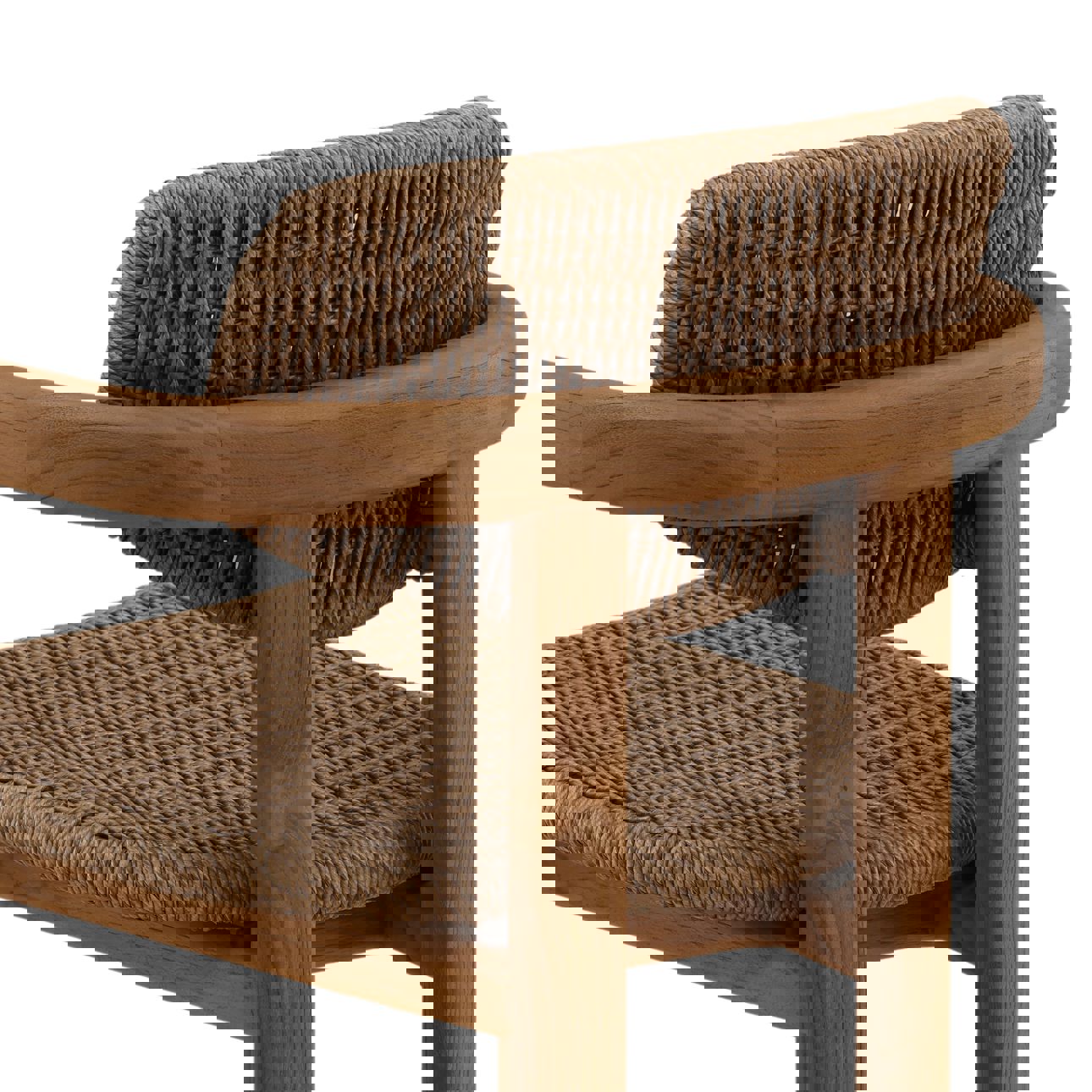Teak dining chair in natural medium dark finish with twisted synthetic wicker dark on seat and back, detail back