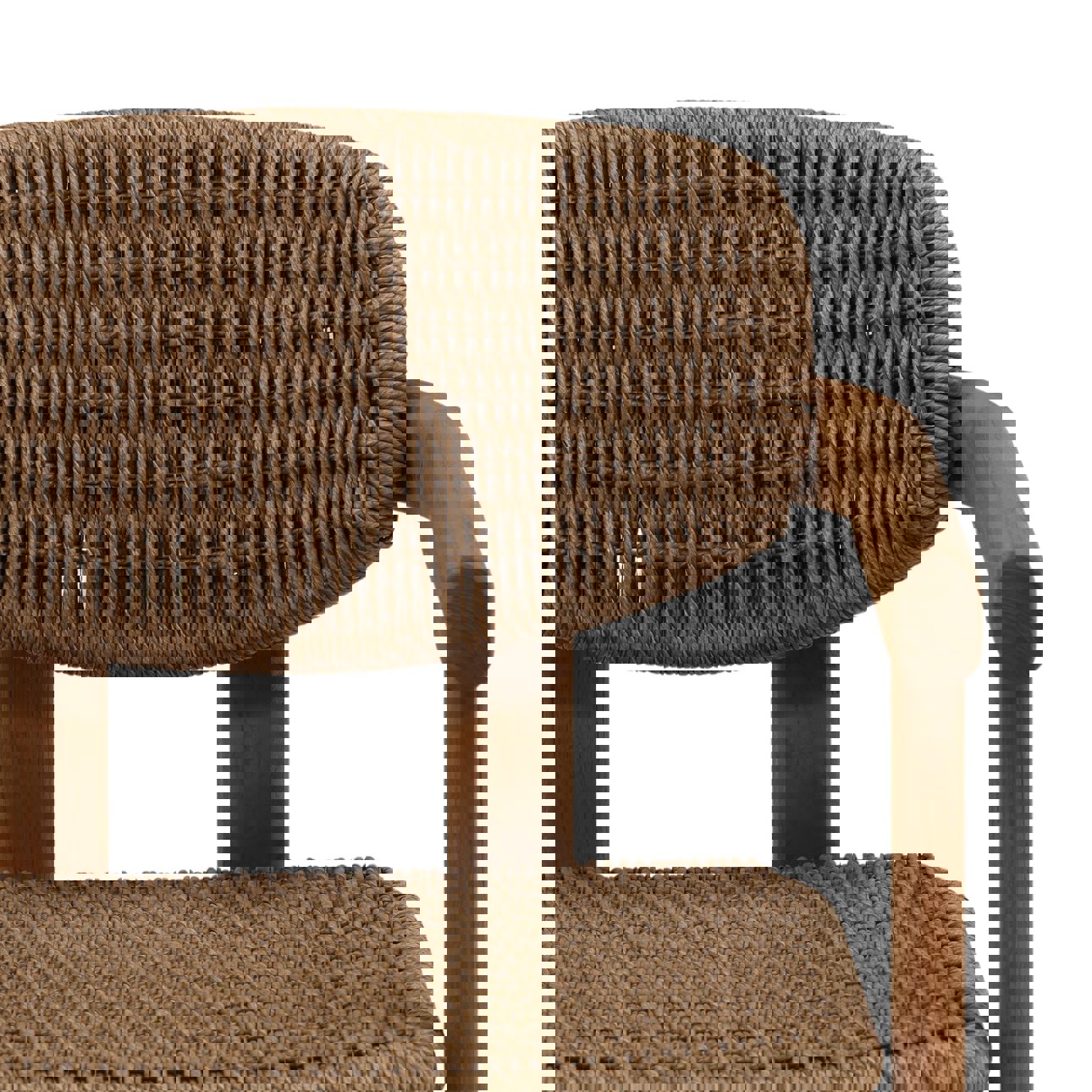 Teak dining chair in natural medium dark finish with twisted synthetic wicker dark on seat and back, detail front