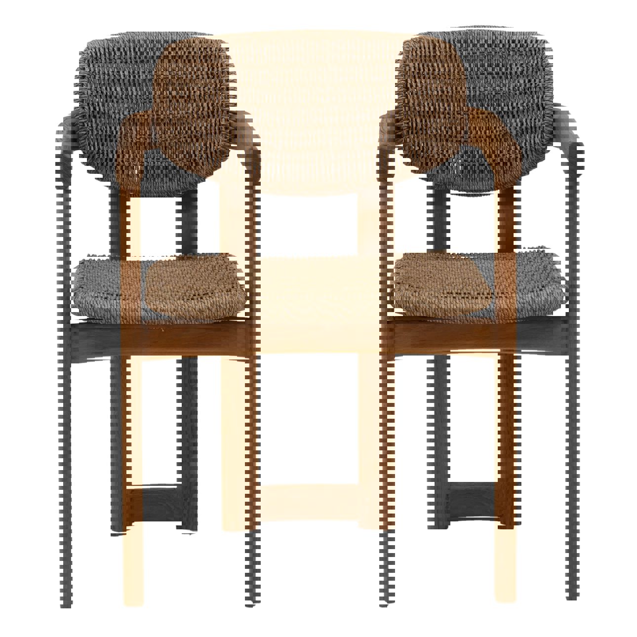 Teak dining chair in natural medium dark finish with twisted synthetic wicker dark on seat and back, front view