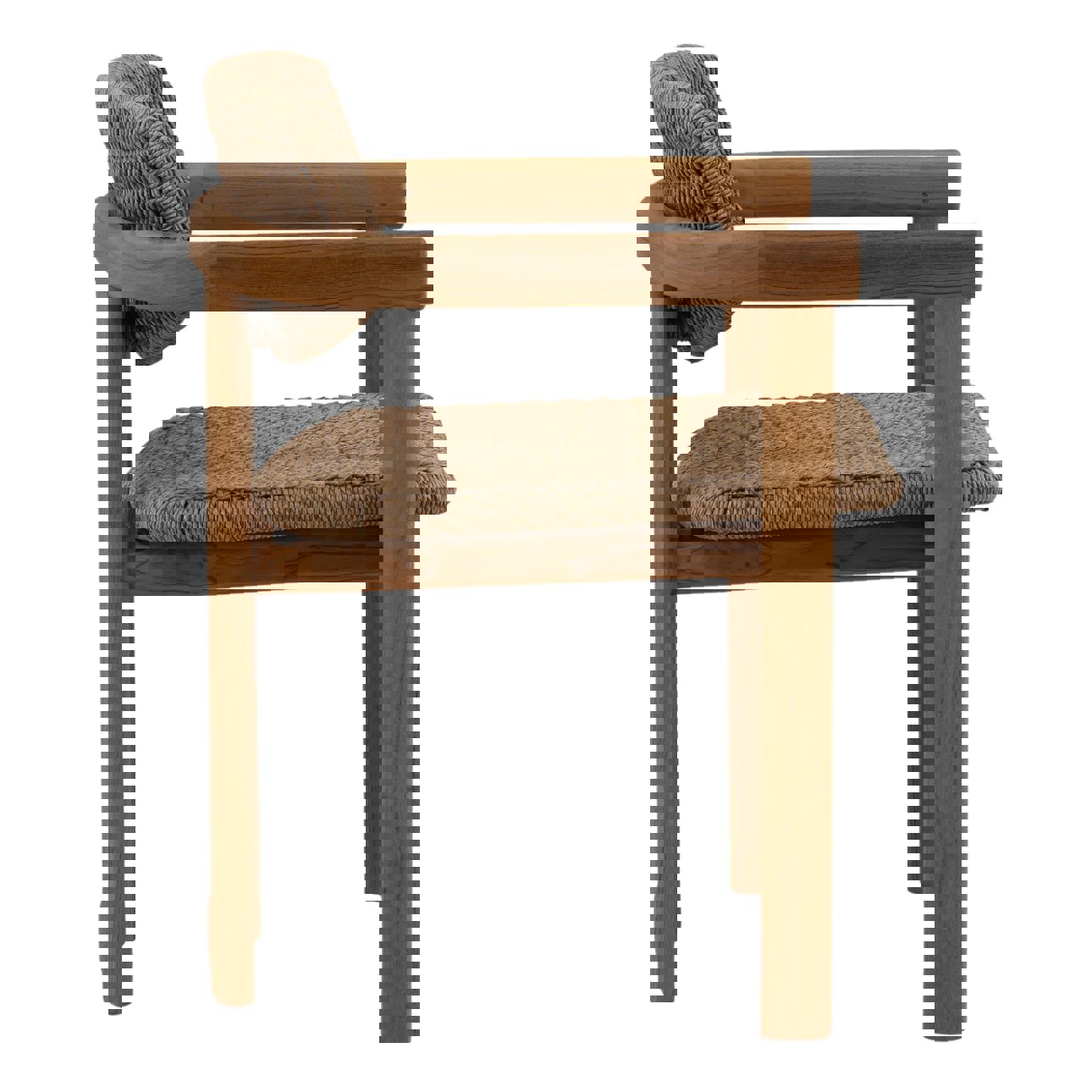 Teak dining chair in natural medium dark finish with twisted synthetic wicker dark on seat and back, profile view