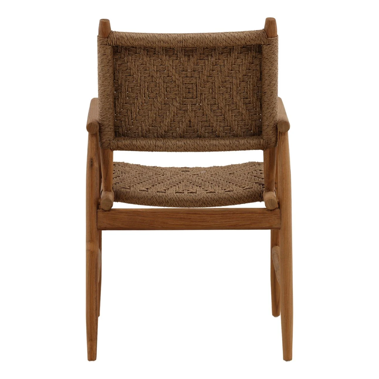 Teak dining chair in natural medium dark finish with twisted synthetic wicker dark on seat and back, back view