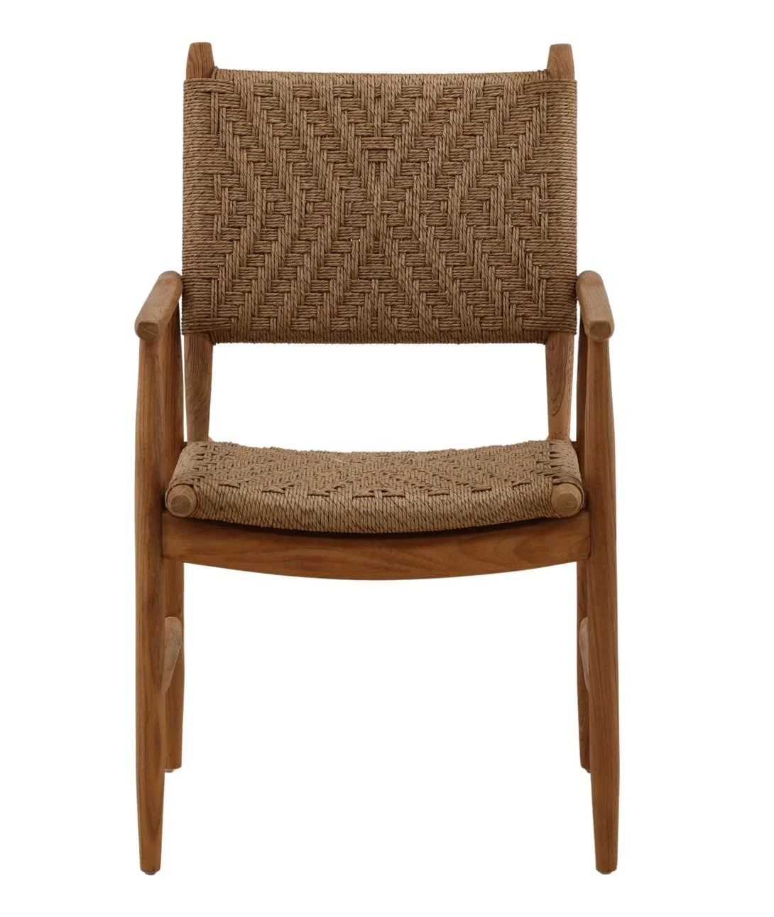 Teak dining chair in natural medium dark finish with twisted synthetic wicker dark on seat and back, front view