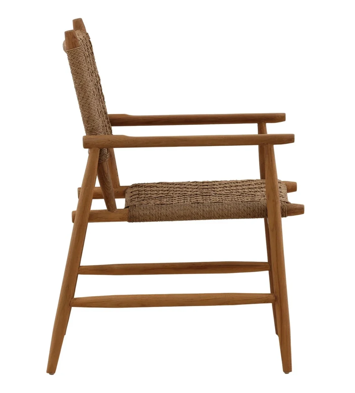 Teak dining chair in natural medium dark finish with twisted synthetic wicker dark on seat and back, profile view