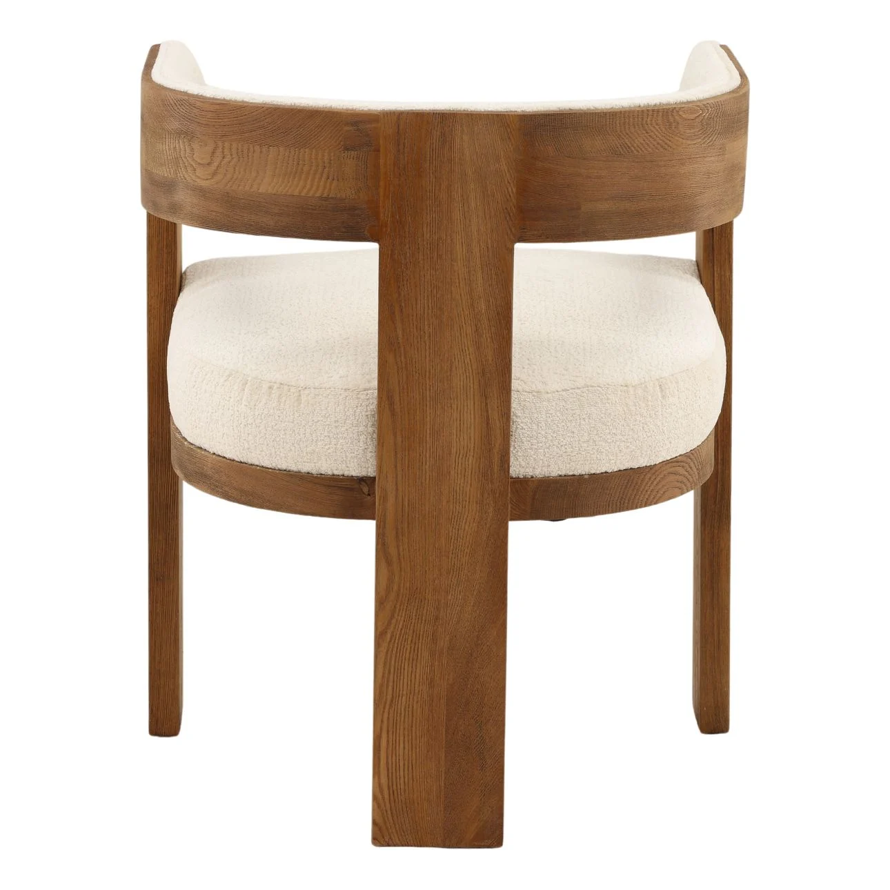Rounded Ash wood dining chair in natural medium finish with synthetic fabric cream on seat and back, back view